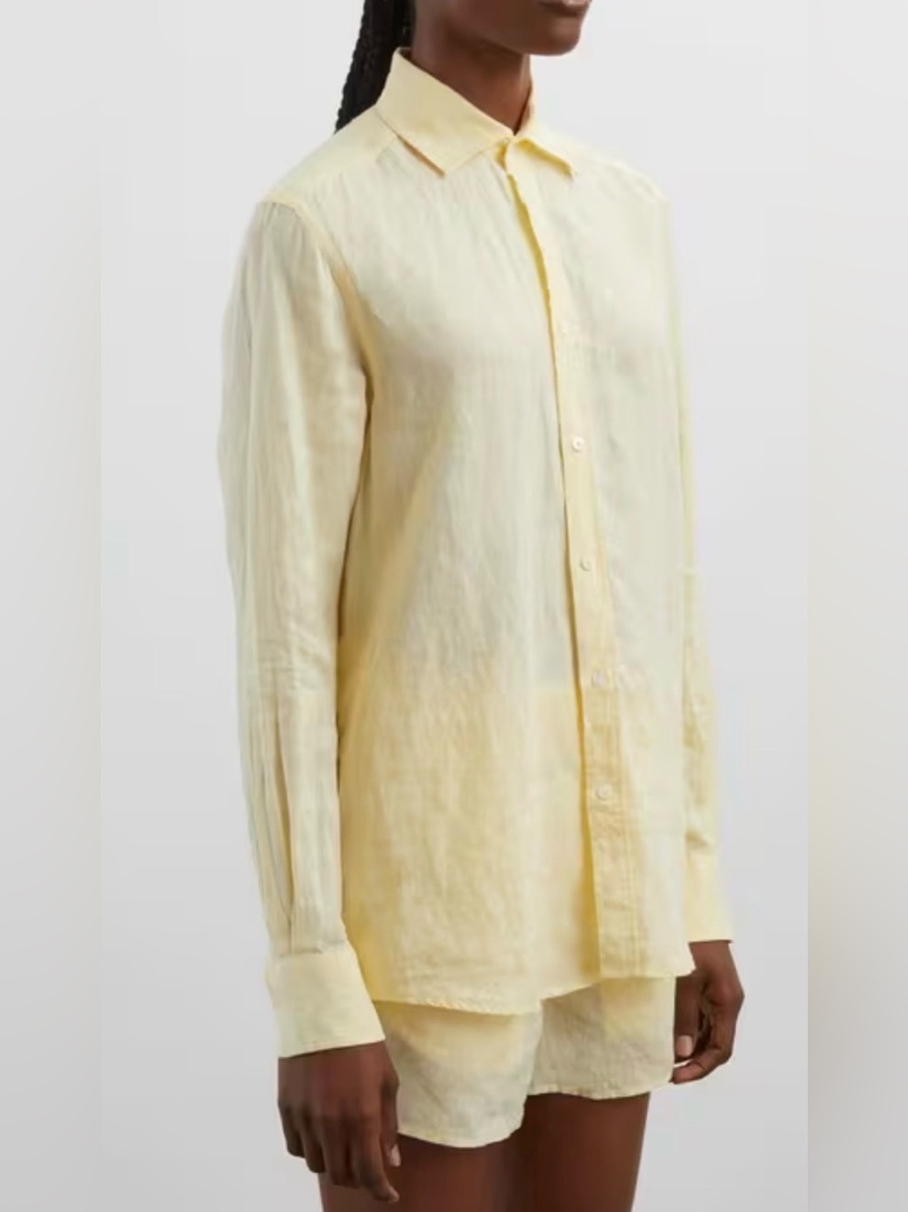 WNU Womens The Boyfriend Shirt Sz L 100% Organic Linen Lemon Yellow Relaxed Luxe